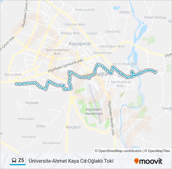 Z5 otobüs Hattı Haritası