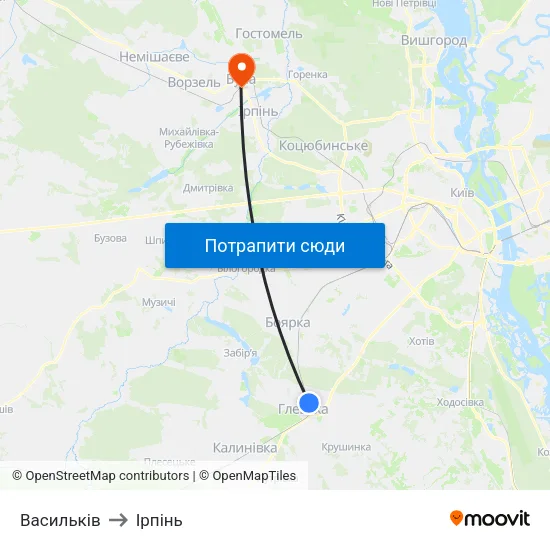 Васильків to Ірпінь map