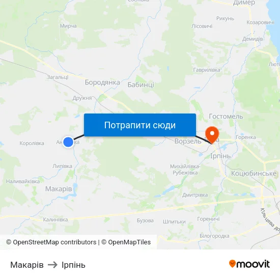 Макарів to Ірпінь map