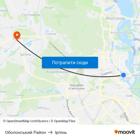 Оболонський Район to Ірпінь map