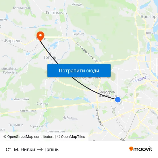 Ст. М. Нивки to Ірпінь map