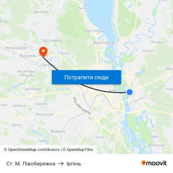 Ст. М. Лівобережна to Ірпінь map