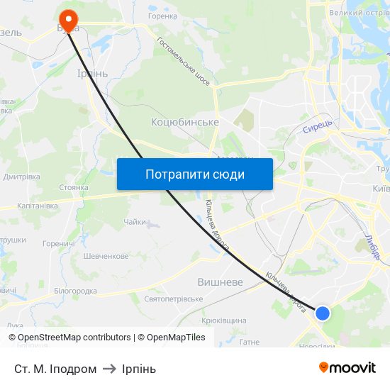 Ст. М. Іподром to Ірпінь map