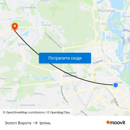 Золоті Ворота to Ірпінь map