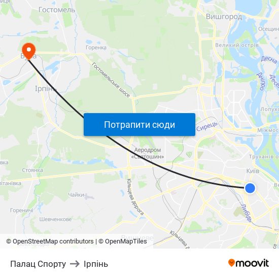 Палац Спорту to Ірпінь map