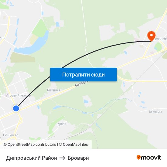 Дніпровський Район to Бровари map