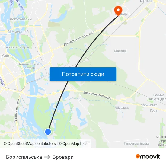 Бориспiльська to Бровари map