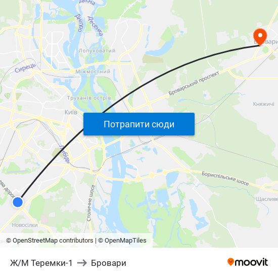 Ж/М Теремки-1 to Бровари map