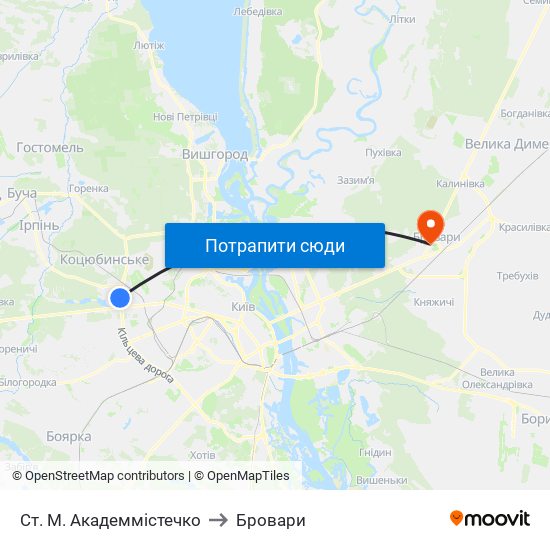 Ст. М. Академмістечко to Бровари map