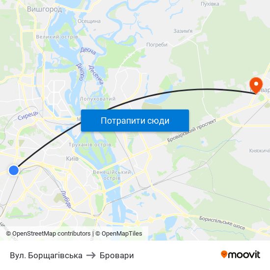 Вул. Борщагівська to Бровари map