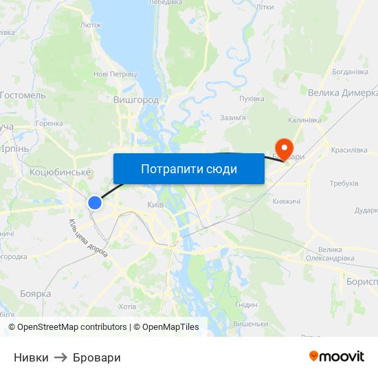 Нивки to Бровари map