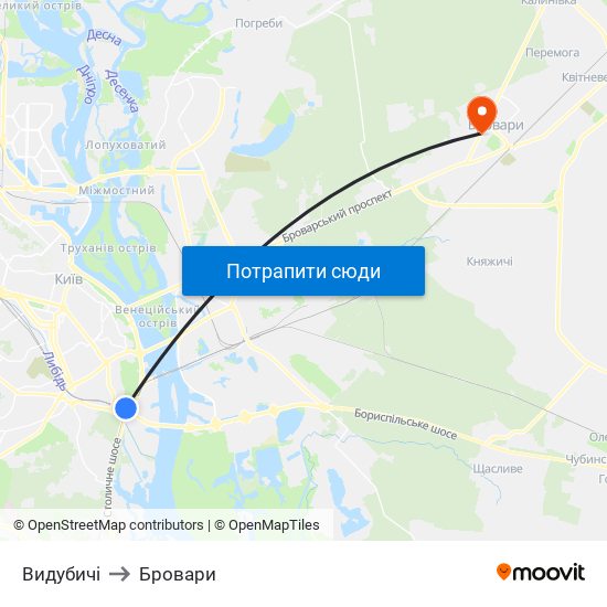 Видубичі to Бровари map