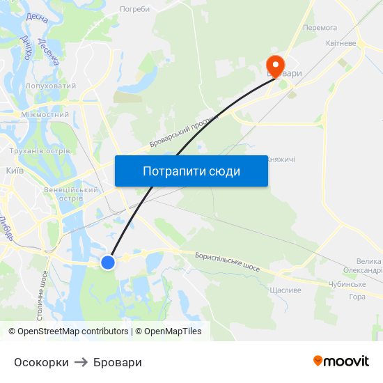 Осокорки to Бровари map