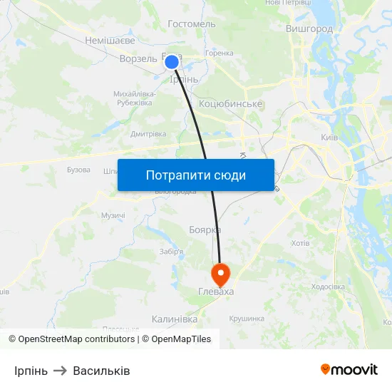 Ірпінь to Васильків map