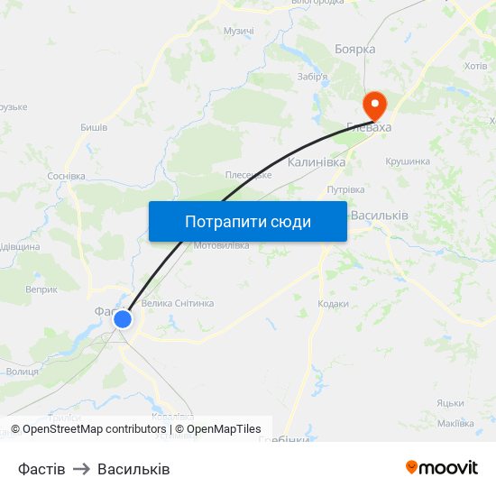 Фастів to Васильків map