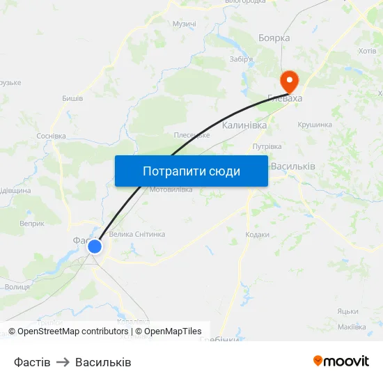 Фастів to Васильків map
