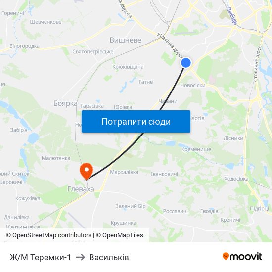 Ж/М Теремки-1 to Васильків map