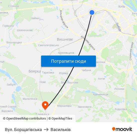 Вул. Борщагівська to Васильків map