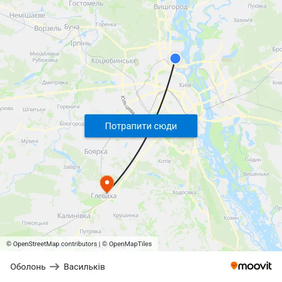 Оболонь to Васильків map