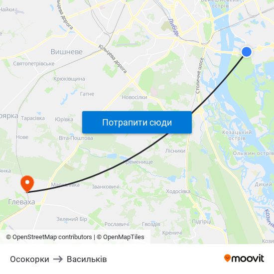 Осокорки to Васильків map