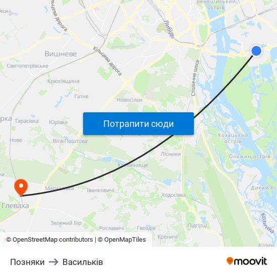 Позняки to Васильків map