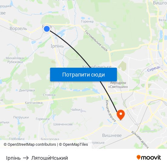 Ірпінь to Лятоши́Нський map