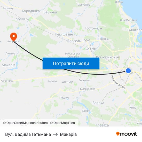 Вул. Вадима Гетьмана to Макарів map