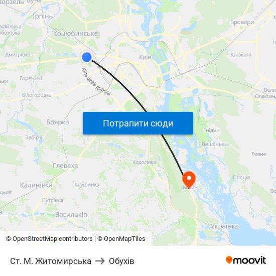 Ст. М. Житомирська to Обухів map