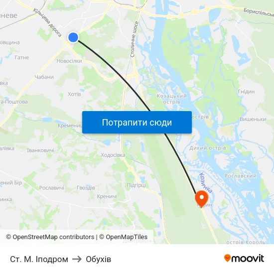 Ст. М. Іподром to Обухів map