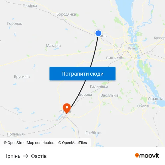 Ірпінь to Фастів map