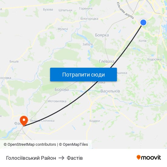 Голосіївський Район to Фастів map