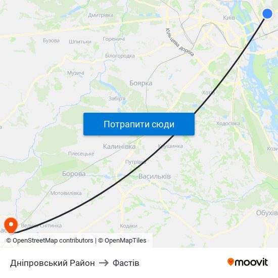 Дніпровський Район to Фастів map
