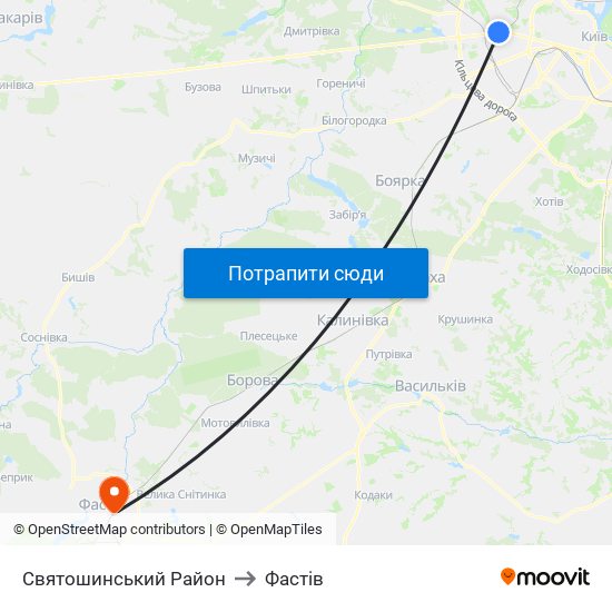 Святошинський Район to Фастів map