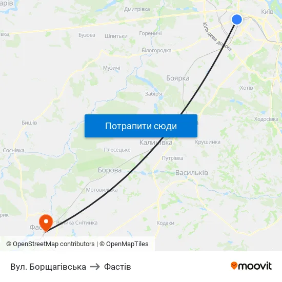 Вул. Борщагівська to Фастів map