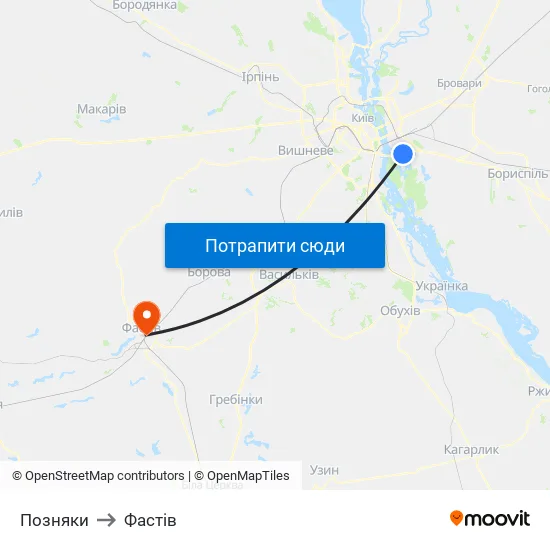 Позняки to Фастів map