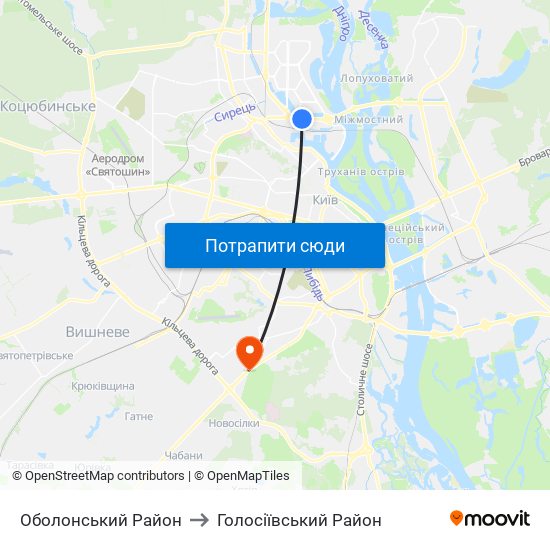 Оболонський Район to Голосіївський Район map