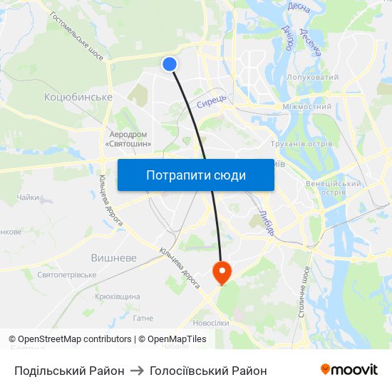 Подільський Район to Голосіївський Район map