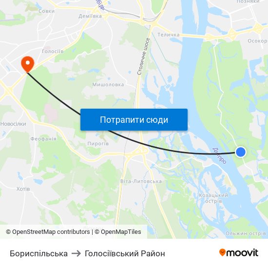 Бориспiльська to Голосіївський Район map