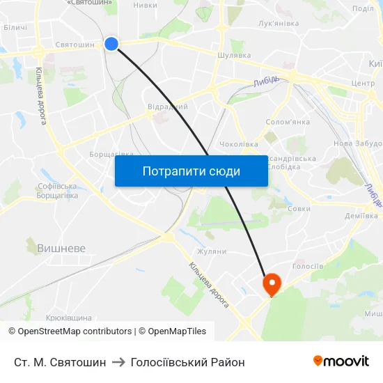 Ст. М. Святошин to Голосіївський Район map