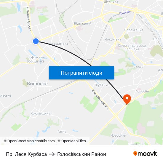 Пр. Леся Курбаса to Голосіївський Район map