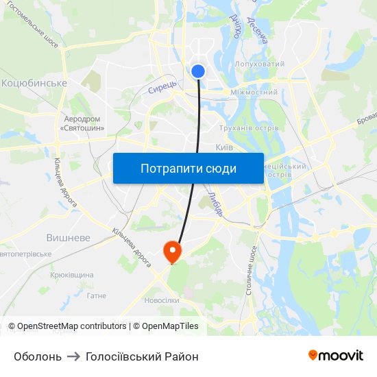 Оболонь to Голосіївський Район map