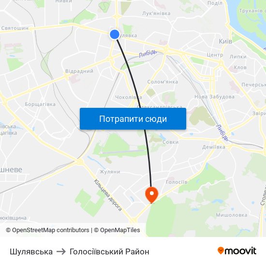 Шулявська to Голосіївський Район map