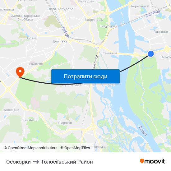 Осокорки to Голосіївський Район map