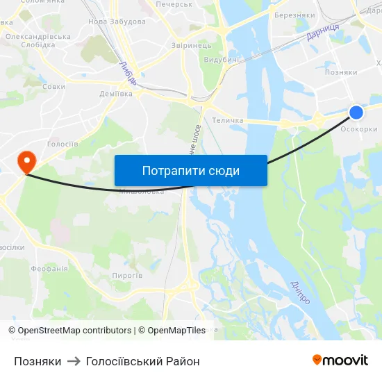 Позняки to Голосіївський Район map