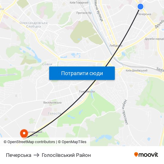 Печерська to Голосіївський Район map