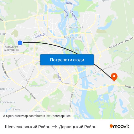 Шевченківський Район to Дарницький Район map