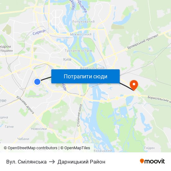 Вул. Смілянська to Дарницький Район map