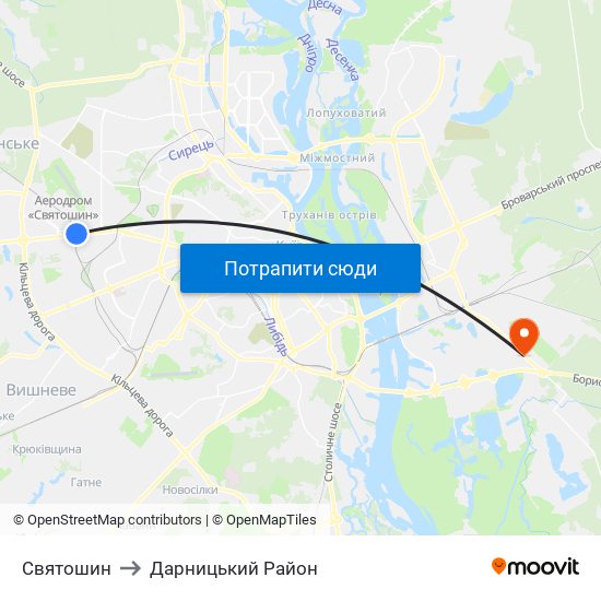 Святошин to Дарницький Район map