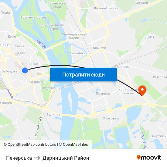 Печерська to Дарницький Район map