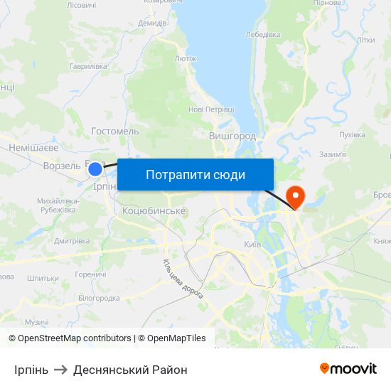 Ірпінь to Деснянський Район map